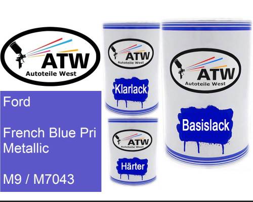 Ford, French Blue Pri Metallic, M9 / M7043: 500ml Lackdose + 500ml Klarlack + 250ml Härter - Set, von ATW Autoteile West.
